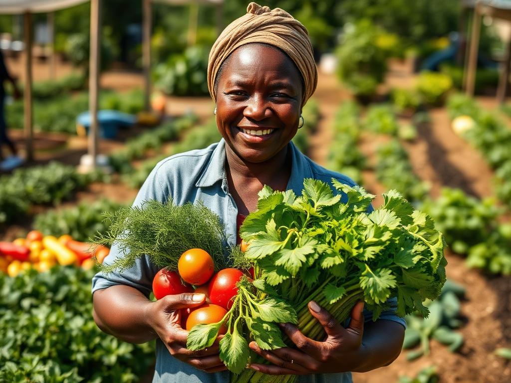 Productrice présentant sa récolte de légumes issue d'un périmètre maraîcher appuyé par le PARCB