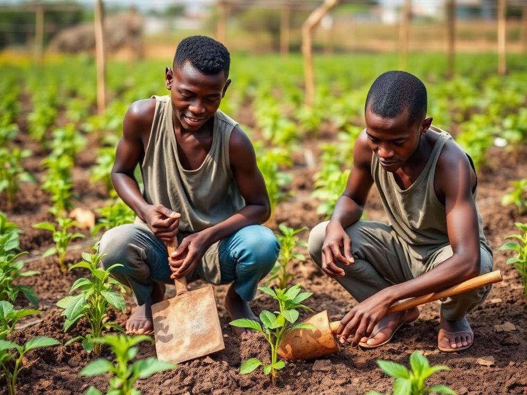 Jeunes agriculteurs entretenant une pépinière