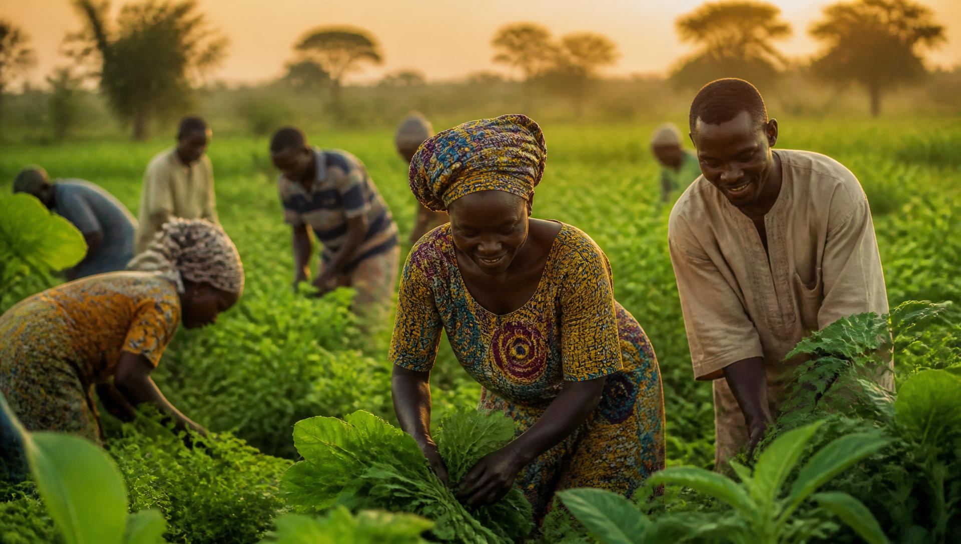 Productrices et producteurs agricoles récoltant dans un champ au lever du jour